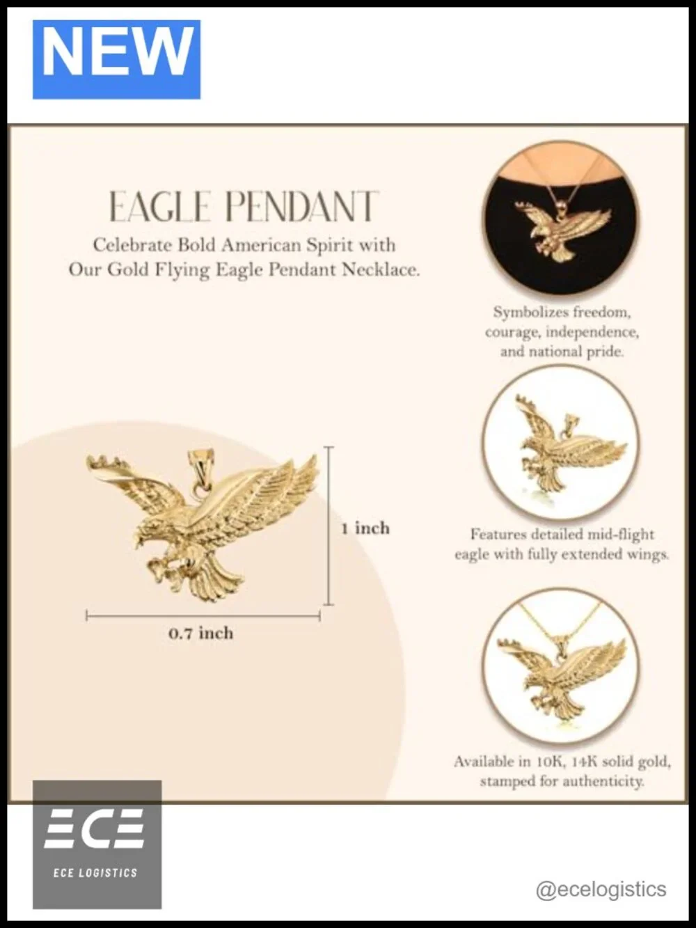 10K or 14K Solid Gold Patriotic Eagle Pendant Necklace American Eagle Charm